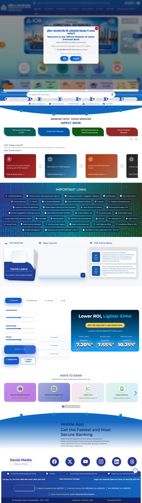 Landing page of iob.in captured 2026-08-23