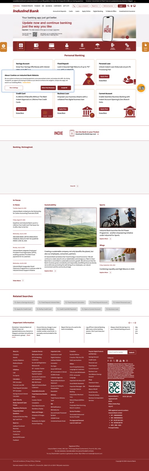 Landing page of indusind.com captured 2026-08-23
